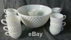 Great Vintage White Hobnail Glass Punch Bowl Set