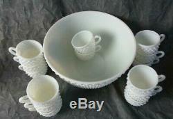 Great Vintage White Hobnail Glass Punch Bowl Set