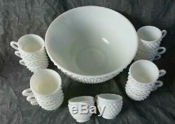 Great Vintage White Hobnail Glass Punch Bowl Set
