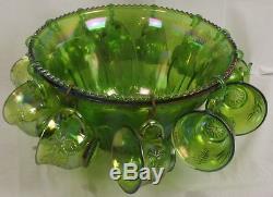 Green Carnival Glass Punch Bowl & 12 Matching Punch Cups