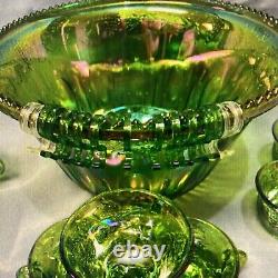 Green Carnival Glass Punch Bowl Set