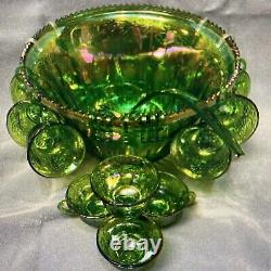 Green Carnival Glass Punch Bowl Set