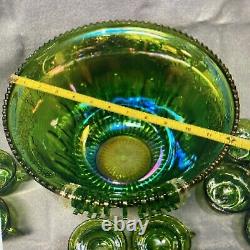 Green Carnival Glass Punch Bowl Set