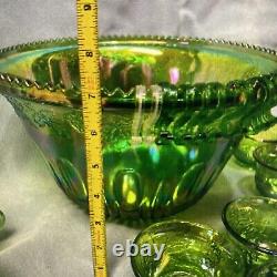 Green Carnival Glass Punch Bowl Set