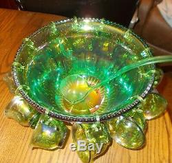Green Indiana Carnival Glass Punch Bowl with 12 cups, original hangers and ladel