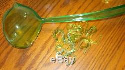 Green Indiana Carnival Glass Punch Bowl with 12 cups, original hangers and ladel