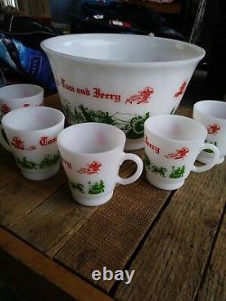 HAZEL ATLAS, 1950s, Tom and Jerry, Egg Nog Set with 5 Cups and Punch Bowl