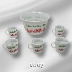 HAZEL ATLAS EGG NOG Milk Glass Punch Bowl Set 5 Cups & 1 Bowl Xmas Vintage