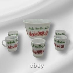 HAZEL ATLAS EGG NOG Milk Glass Punch Bowl Set 5 Cups & 1 Bowl Xmas Vintage