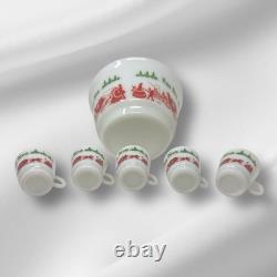 HAZEL ATLAS EGG NOG Milk Glass Punch Bowl Set 5 Cups & 1 Bowl Xmas Vintage