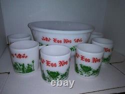 HAZEL ATLAS Egg Nog Vintage 7-pc Set Milk Glass Carriage Punch Bowl + 6 Mugs