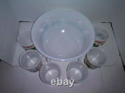 HAZEL ATLAS Egg Nog Vintage 7-pc Set Milk Glass Carriage Punch Bowl + 6 Mugs