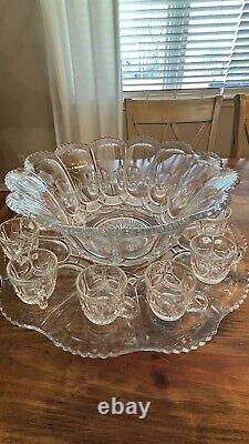 HTF Antique EAPG U. S. Pressed Glass PUNCH BOWL SET &CUPS GALLOWAY Mirror Plate