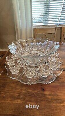 HTF Antique EAPG U. S. Pressed Glass PUNCH BOWL SET &CUPS GALLOWAY Mirror Plate