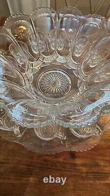 HTF Antique EAPG U. S. Pressed Glass PUNCH BOWL SET &CUPS GALLOWAY Mirror Plate