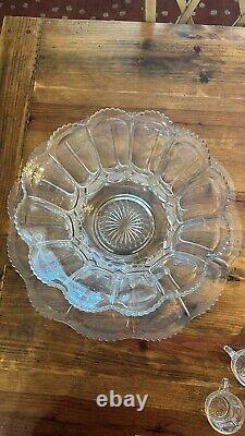 HTF Antique EAPG U. S. Pressed Glass PUNCH BOWL SET &CUPS GALLOWAY Mirror Plate