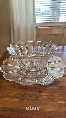 HTF Antique EAPG U. S. Pressed Glass PUNCH BOWL SET &CUPS GALLOWAY Mirror Plate