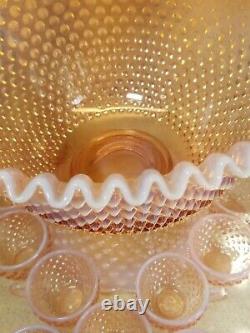 HTF Fenton Art Glass Peach Opalescent Hobnail Punch Bowl Set withBase and 12 Cups