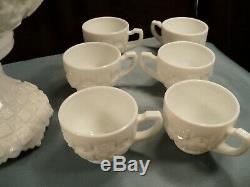 HTF Westmoreland Milk Glass OLD QUILT Punch Bowl Set with Base & 12 Cups