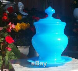 HUGE! OPALINE antique french light blue plate vtg art glass party punch bowl