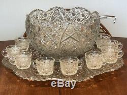 HUGE Punch Bowl Underplate 12 Cups & Glass Ladle Daisy & Button Clear