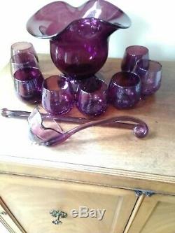Hand Blown Amethyst Glass Vintage Punch Bowl On A Pedestal With Eight Crackle