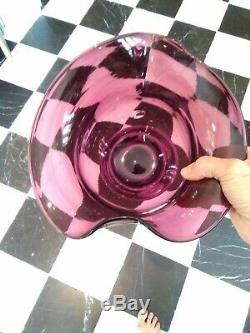 Hand Blown Amethyst Glass Vintage Punch Bowl On A Pedestal With Eight Crackle