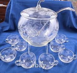 Hand Blown Glass Punch Bowl w Lid, Ladle & 8 Cups Cut Glass Floral Vintage 1920