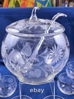 Hand Blown Glass Punch Bowl w Lid, Ladle & 8 Cups Cut Glass Floral Vintage 1920