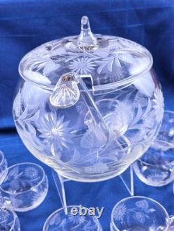 Hand Blown Glass Punch Bowl w Lid, Ladle & 8 Cups Cut Glass Floral Vintage 1920
