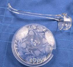 Hand Blown Glass Punch Bowl w Lid, Ladle & 8 Cups Cut Glass Floral Vintage 1920