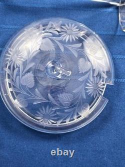 Hand Blown Glass Punch Bowl w Lid, Ladle & 8 Cups Cut Glass Floral Vintage 1920