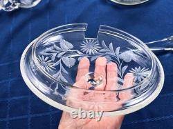 Hand Blown Glass Punch Bowl w Lid, Ladle & 8 Cups Cut Glass Floral Vintage 1920