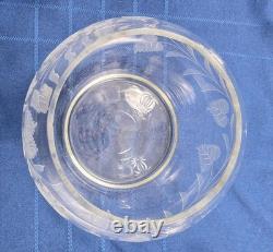 Hand Blown Glass Punch Bowl w Lid, Ladle & 8 Cups Cut Glass Floral Vintage 1920