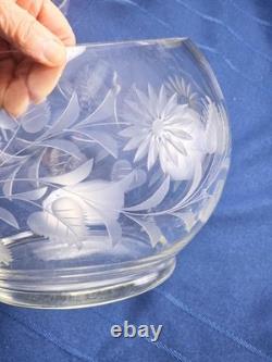 Hand Blown Glass Punch Bowl w Lid, Ladle & 8 Cups Cut Glass Floral Vintage 1920