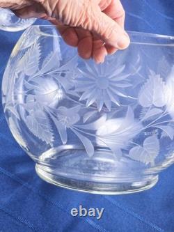 Hand Blown Glass Punch Bowl w Lid, Ladle & 8 Cups Cut Glass Floral Vintage 1920