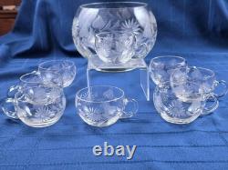 Hand Blown Glass Punch Bowl w Lid, Ladle & 8 Cups Cut Glass Floral Vintage 1920