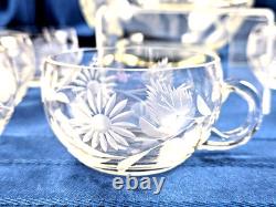 Hand Blown Glass Punch Bowl w Lid, Ladle & 8 Cups Cut Glass Floral Vintage 1920