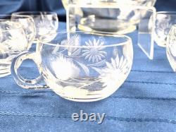 Hand Blown Glass Punch Bowl w Lid, Ladle & 8 Cups Cut Glass Floral Vintage 1920