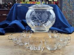 Hand Blown Glass Punch Bowl w Lid, Ladle & 8 Cups Cut Glass Floral Vintage 1920