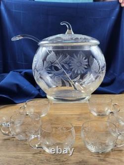 Hand Blown Glass Punch Bowl w Lid, Ladle & 8 Cups Cut Glass Floral Vintage 1920