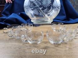 Hand Blown Glass Punch Bowl w Lid, Ladle & 8 Cups Cut Glass Floral Vintage 1920