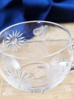 Hand Blown Glass Punch Bowl w Lid, Ladle & 8 Cups Cut Glass Floral Vintage 1920
