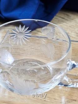 Hand Blown Glass Punch Bowl w Lid, Ladle & 8 Cups Cut Glass Floral Vintage 1920 Hand Blown Glass Punch Bowl w Lid, Ladle & 8 Cups Cut Glass Floral Vintage 1920