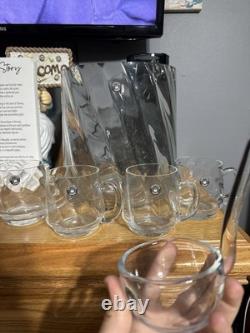 Handcrafted Romanian Art Glass Punch Bowl with Ladle & 4 Mugs Mid Century Style