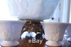 Handmade Original Colony Harvest Milk Glass Punch Bowl Set with Base, cups, vase