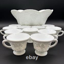 Harvest Grapes & Leaves Milk Glass 12 Piece Punch Bowl Set By Colony