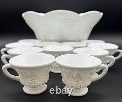 Harvest Grapes & Leaves Milk Glass 12 Piece Punch Bowl Set By Colony