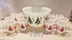 Hazel Atlas Christmas Tree Punch Egg Nog Bowl Cups Mugs Red Green Holiday Set