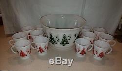 Hazel Atlas Christmas Tree Punch Egg Nog Bowl Cups Mugs Red Green Holiday Set